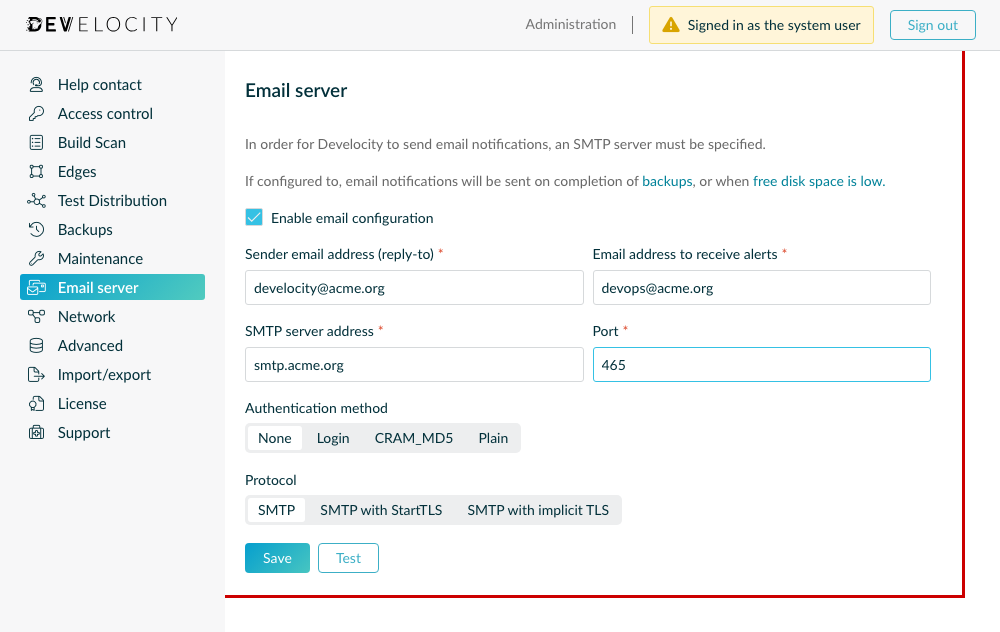 Email Server Configuration in Develocity UI