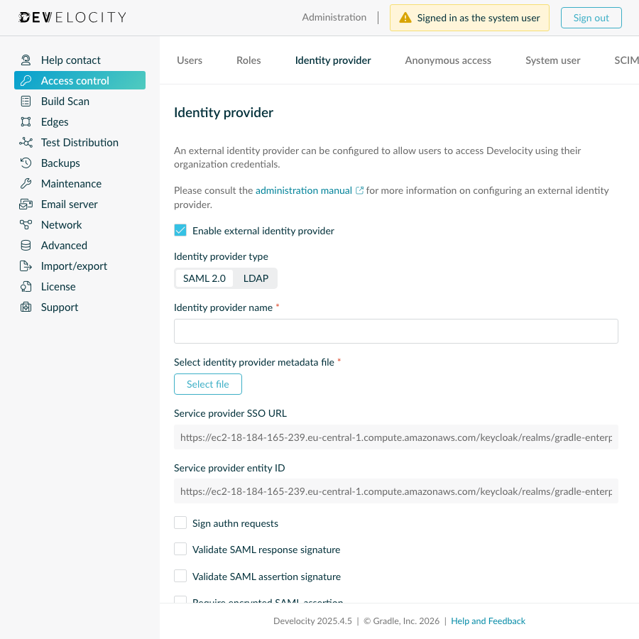 Enable SAML toggle