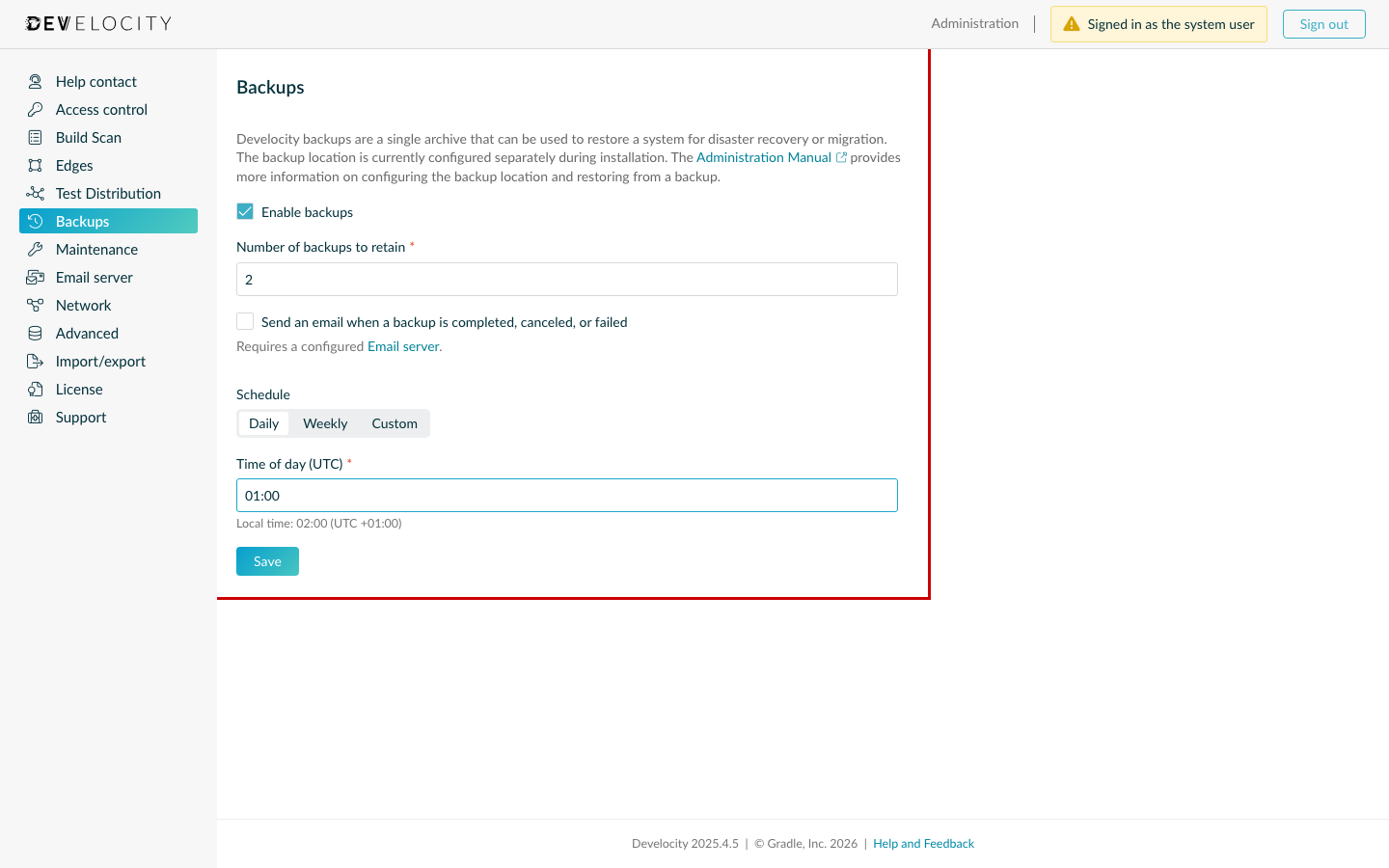 Backup Schedule Configuration in Develocity UI