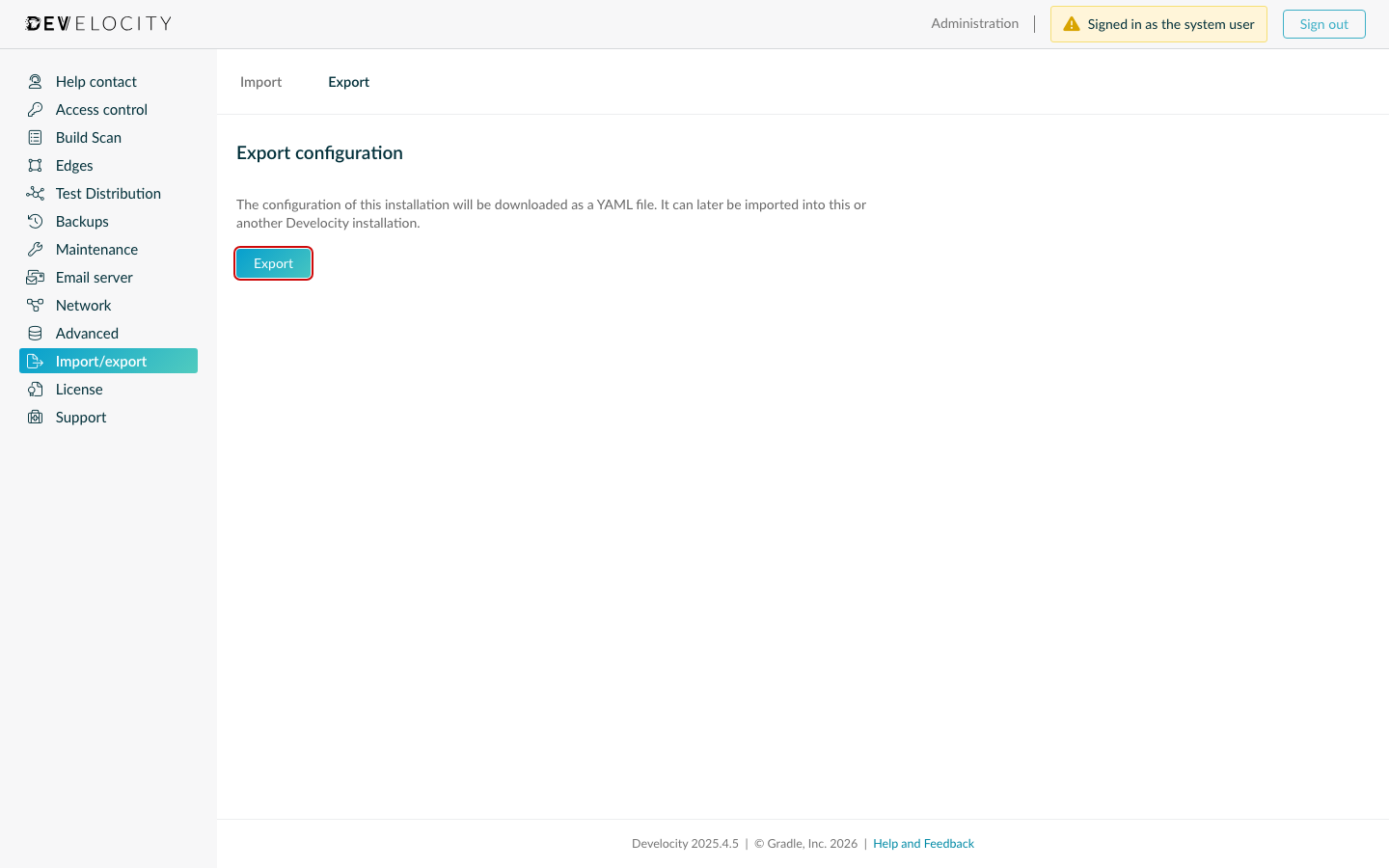 Exporting configuration from the UI
