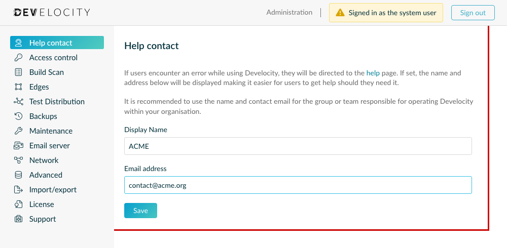 Help Contact Configuration in Develocity UI