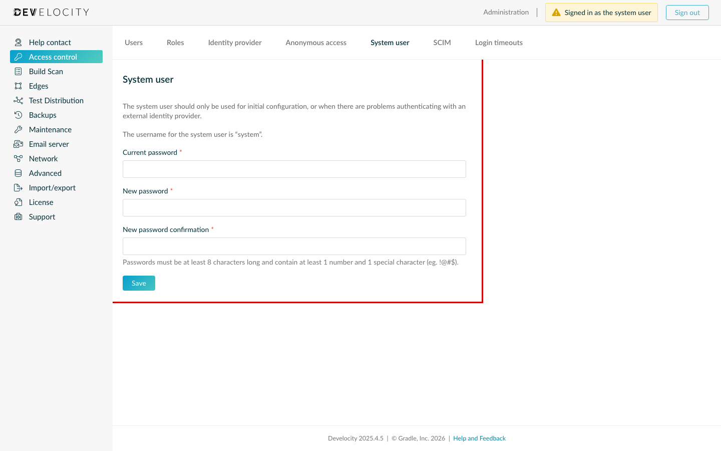 System User Password Change in Develocity UI