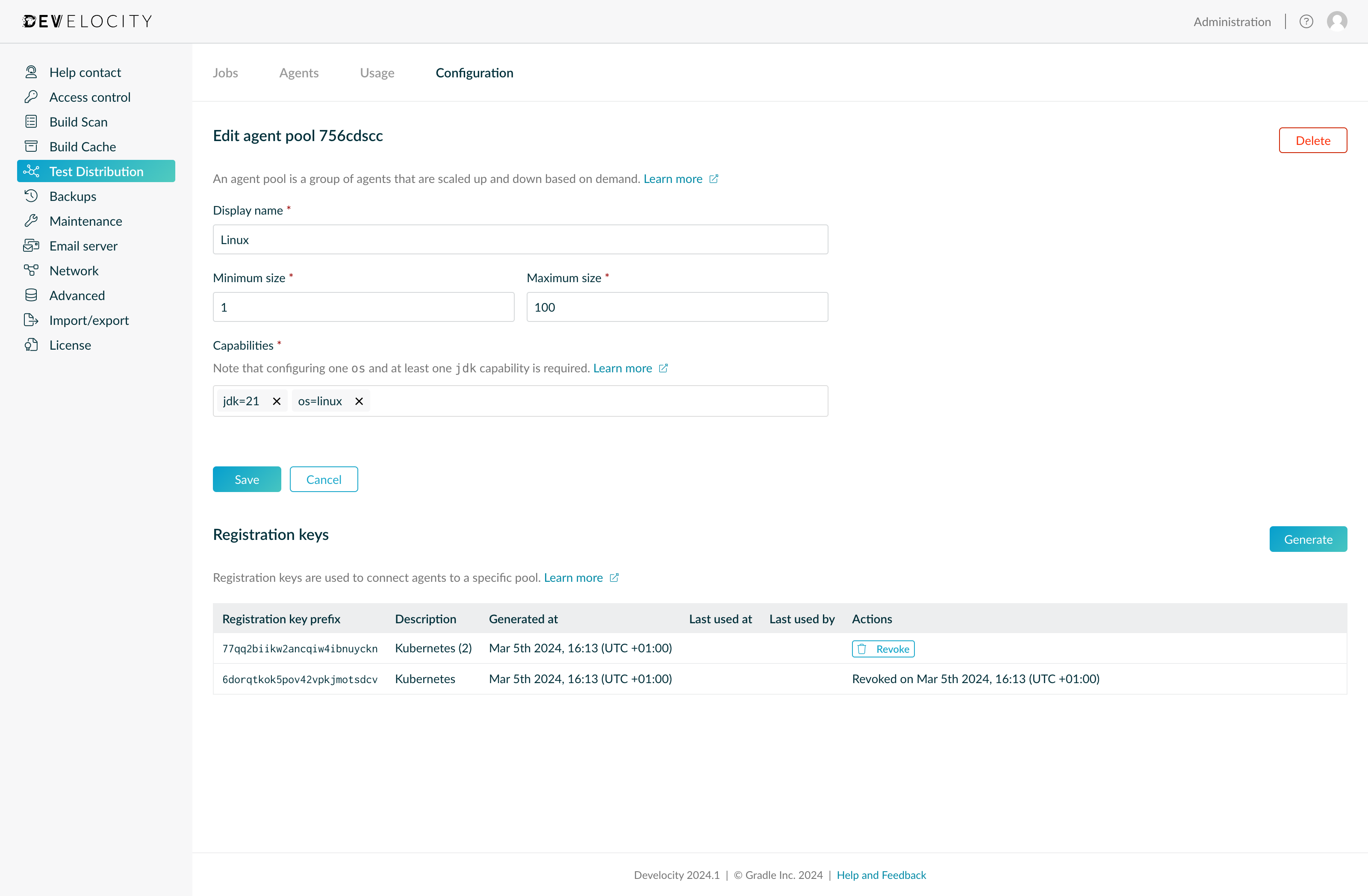 Test Distribution - Agent Pool Registration Key