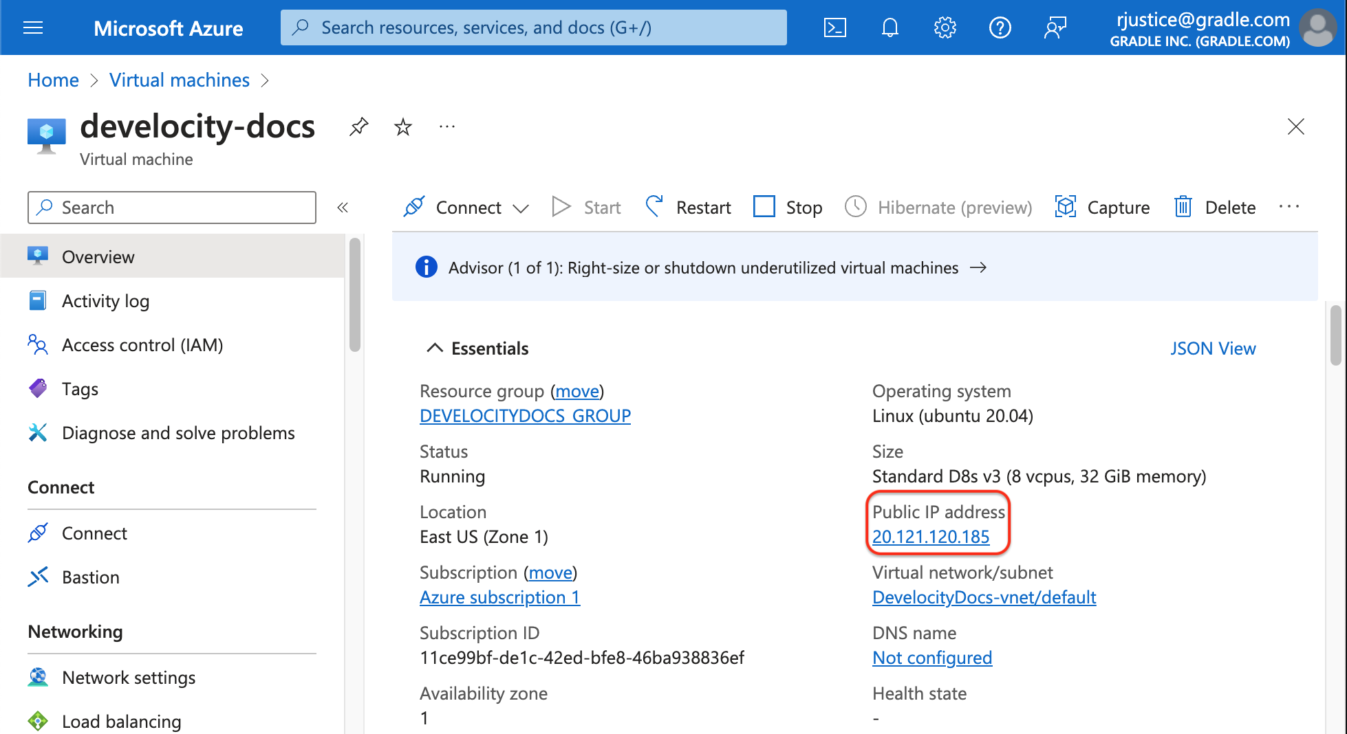 View the IP Address in the Microsoft Azure Portal