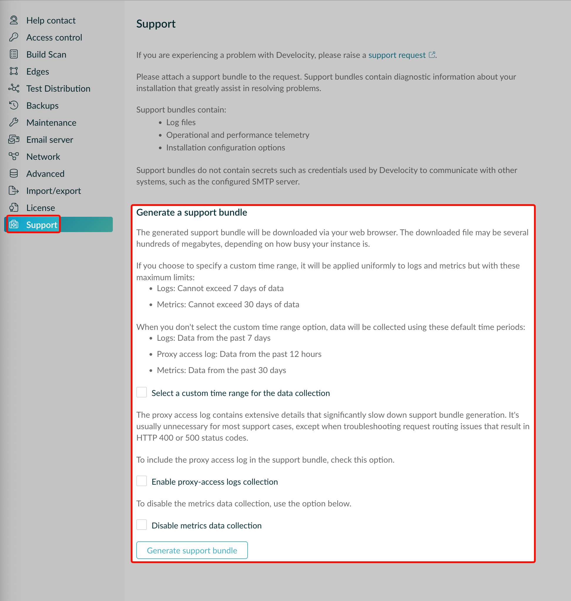 Generating a Support Bundle in Develocity UI