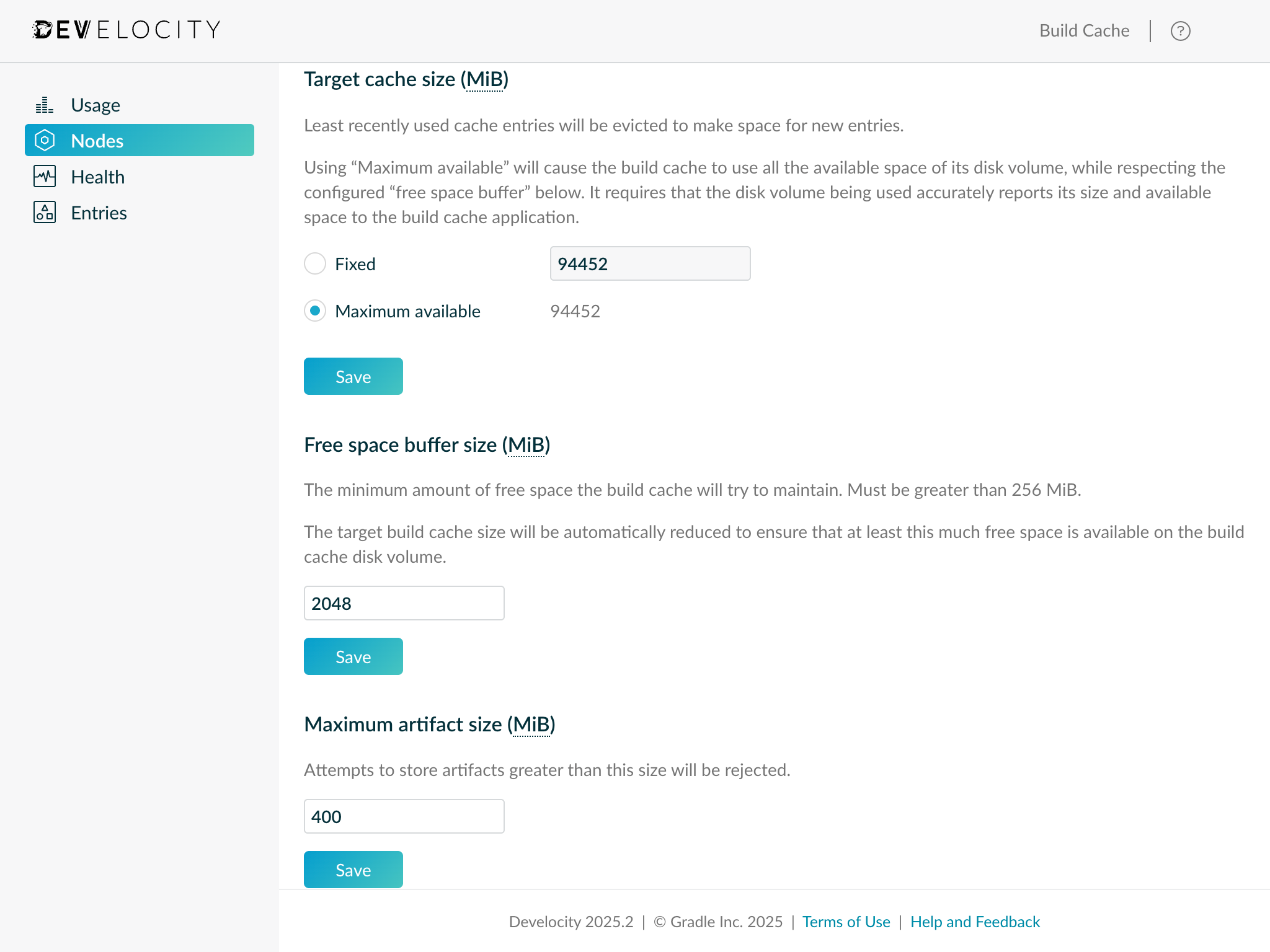 Example of the Build Cache Node Storage Management Configuration