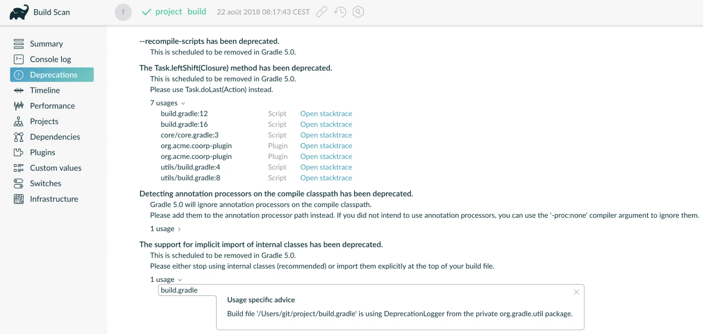 build scan gradle deprecations