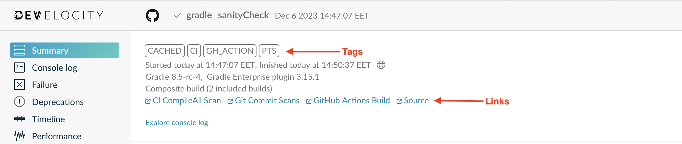 A Build Scan Containing Tags and Links