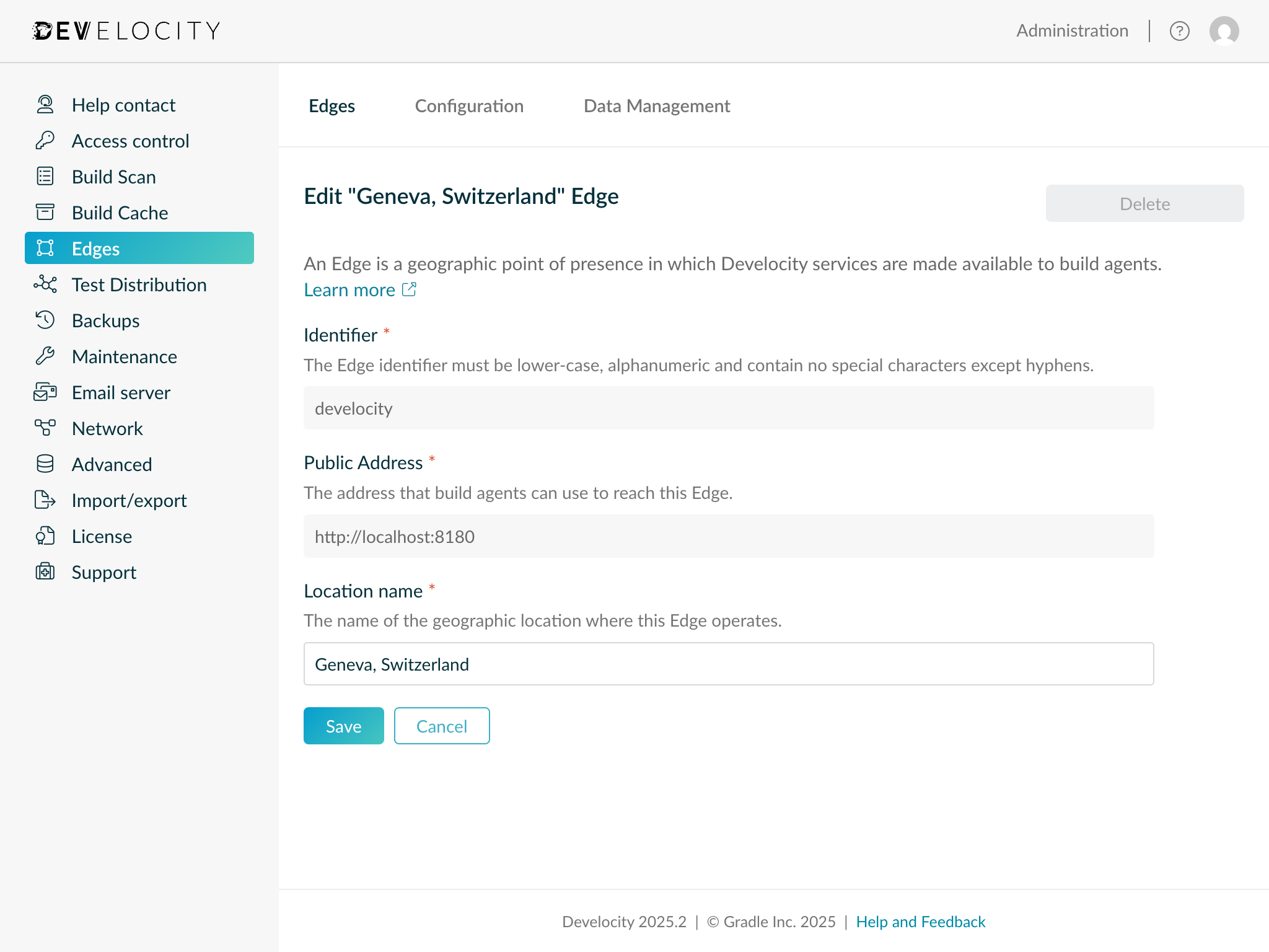 administration develocity location name