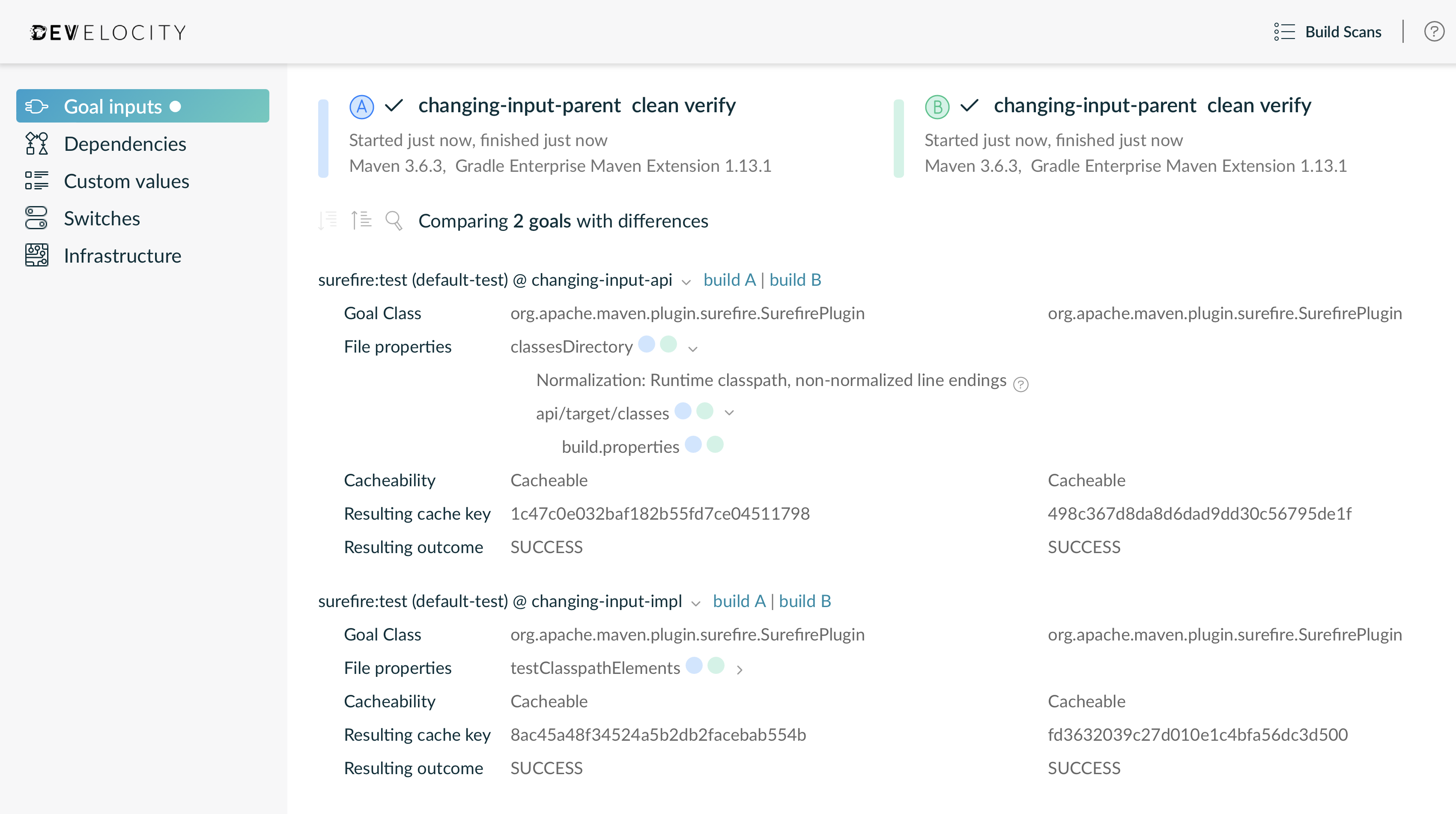 Example of Comparing the Build Scan Data of Two Builds