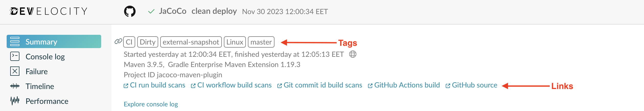 A Build Scan Containing Tags and Links