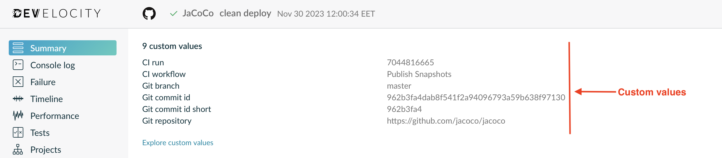 A Build Scan Containing Custom Values
