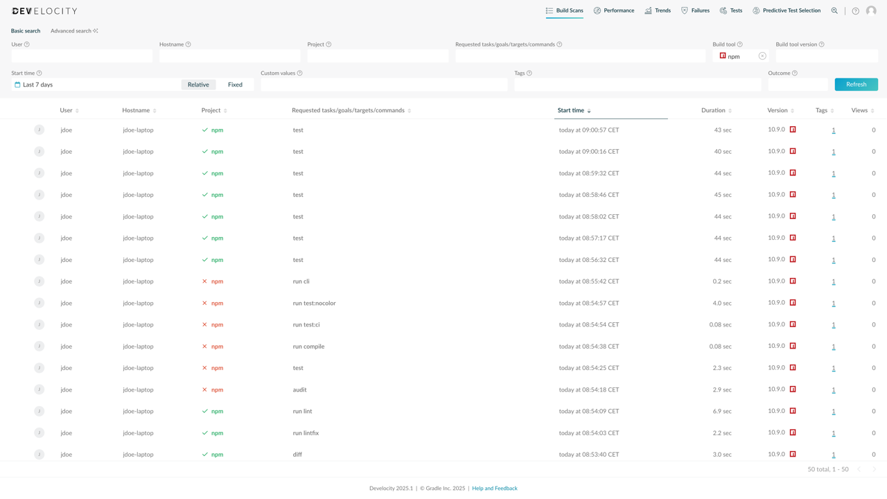 A Filtered List of Build Scans in Develocity